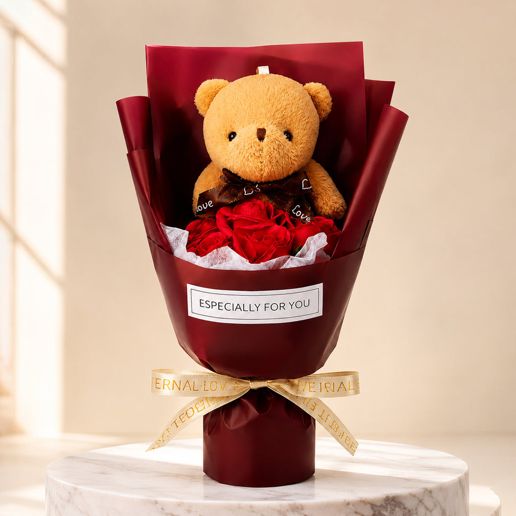 Roselle & Co Teddy Bear & Artificial Red Rose Bouquet – Romantic Gift for Valentine's Day, Anniversary, Birthday & Special Occasions