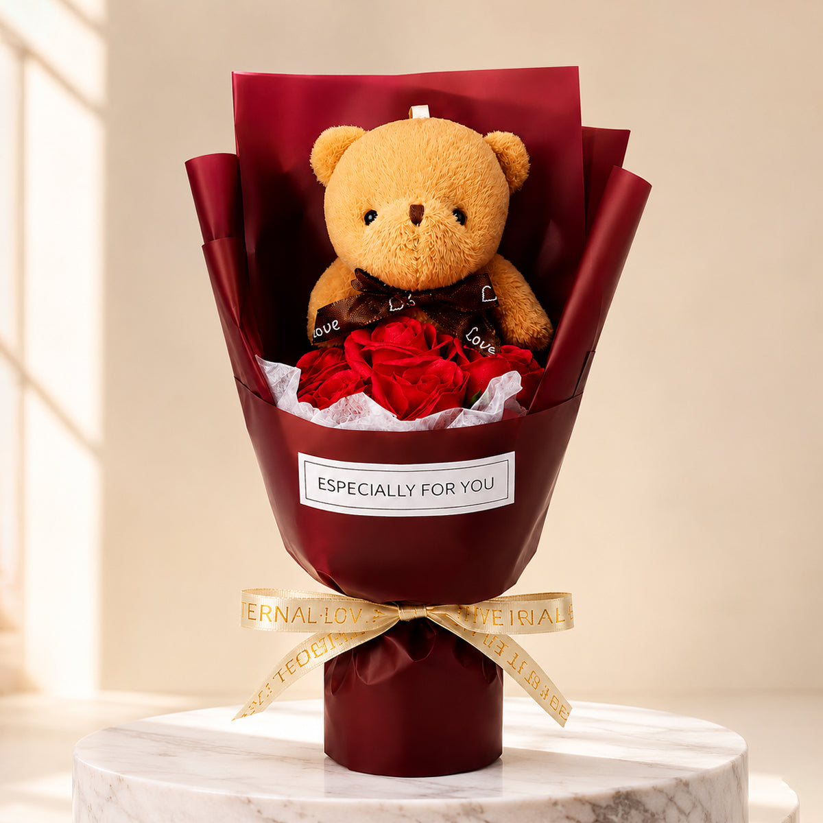 Roselle & Co Teddy Bear & Artificial Red Rose Bouquet – Romantic Gift for Valentine's Day, Anniversary, Birthday & Special Occasions