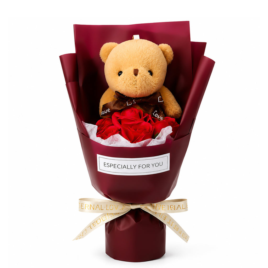 Roselle & Co Teddy Bear & Artificial Red Rose Bouquet – Romantic Gift for Valentine's Day, Anniversary, Birthday & Special Occasions