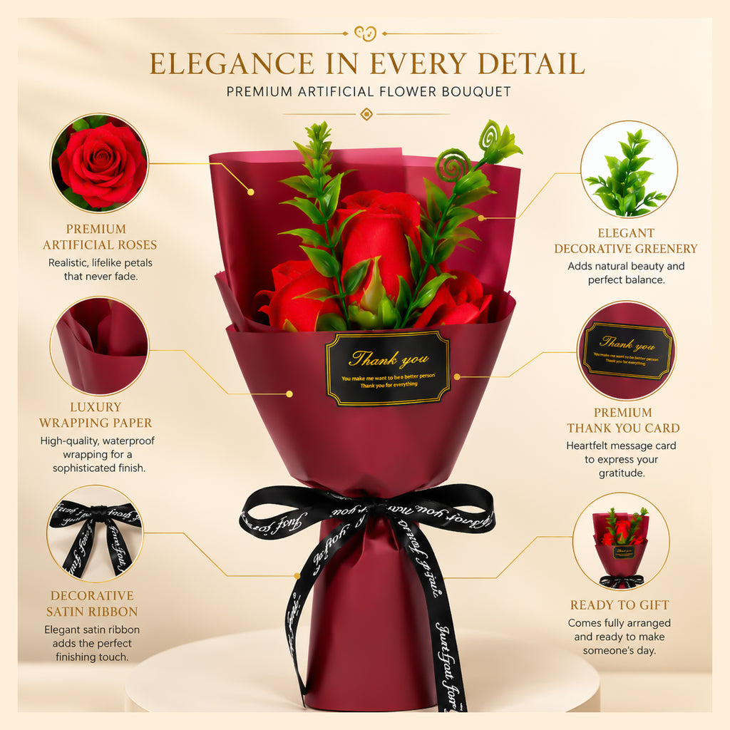Roselle & Co Artificial Red Rose Bouquet – Premium Decorative Flower Bouquet for Anniversary, Valentine's Day, Birthday & Home Décor