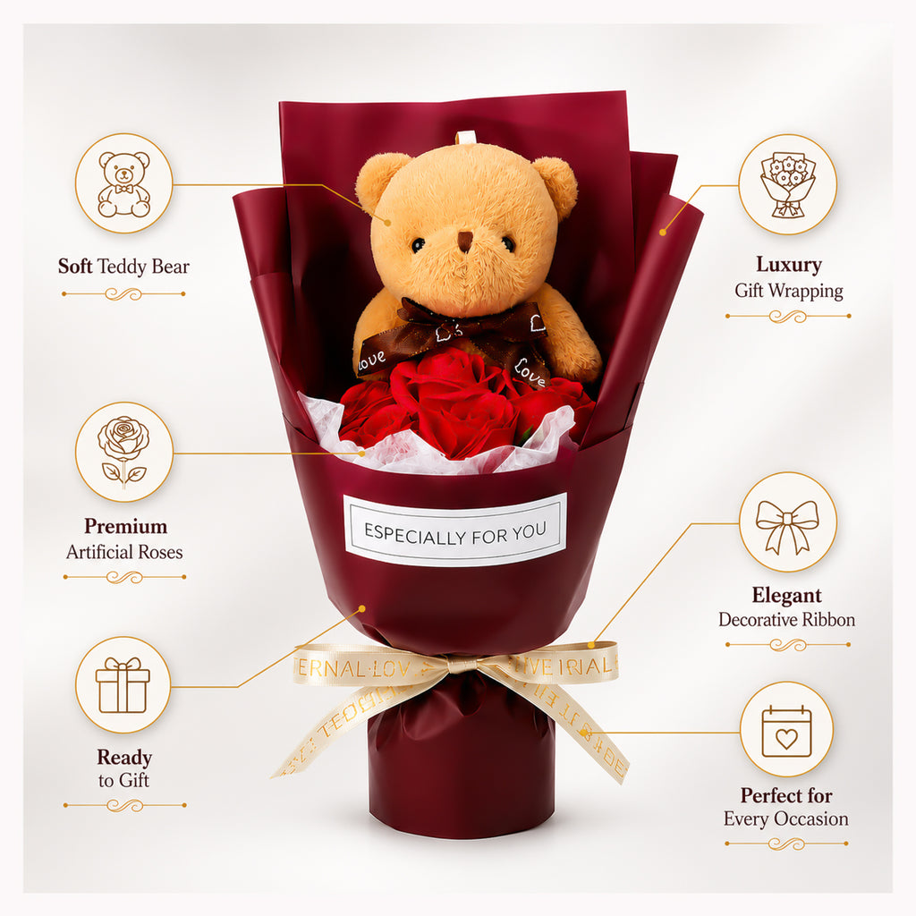 Roselle & Co Teddy Bear & Artificial Red Rose Bouquet – Romantic Gift for Valentine's Day, Anniversary, Birthday & Special Occasions