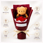Roselle & Co Teddy Bear & Artificial Red Rose Bouquet – Romantic Gift for Valentine's Day, Anniversary, Birthday & Special Occasions