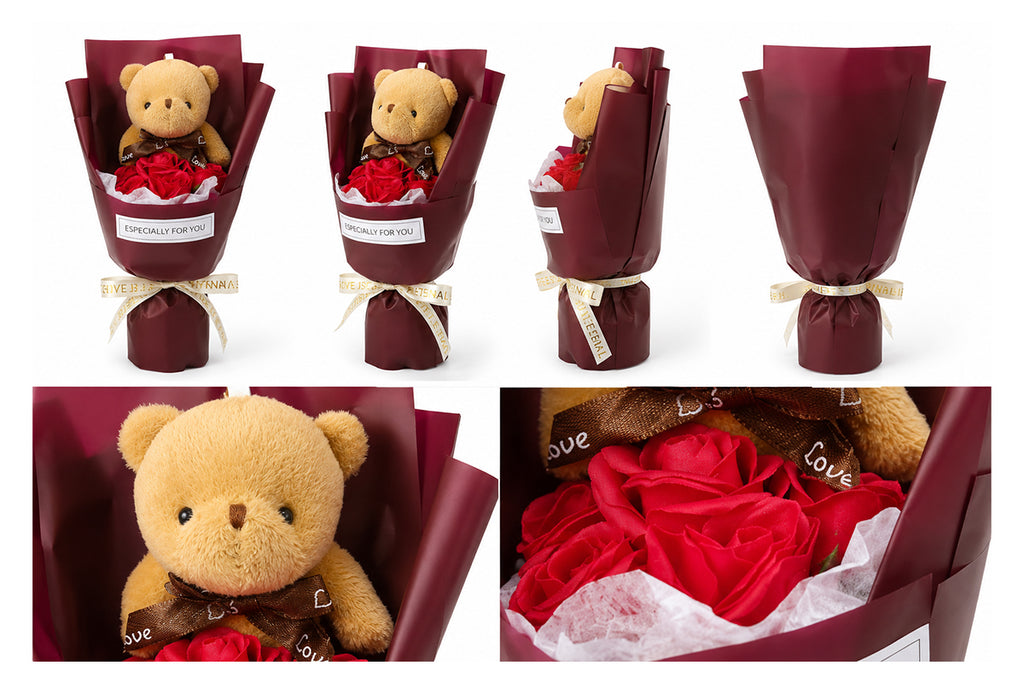 Roselle & Co Teddy Bear & Artificial Red Rose Bouquet – Romantic Gift for Valentine's Day, Anniversary, Birthday & Special Occasions