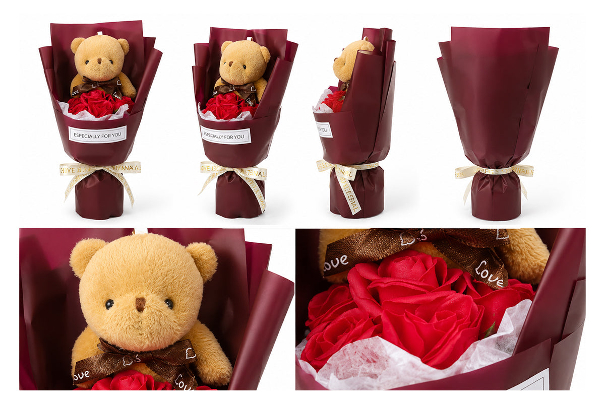 Roselle & Co Teddy Bear & Artificial Red Rose Bouquet – Romantic Gift for Valentine's Day, Anniversary, Birthday & Special Occasions