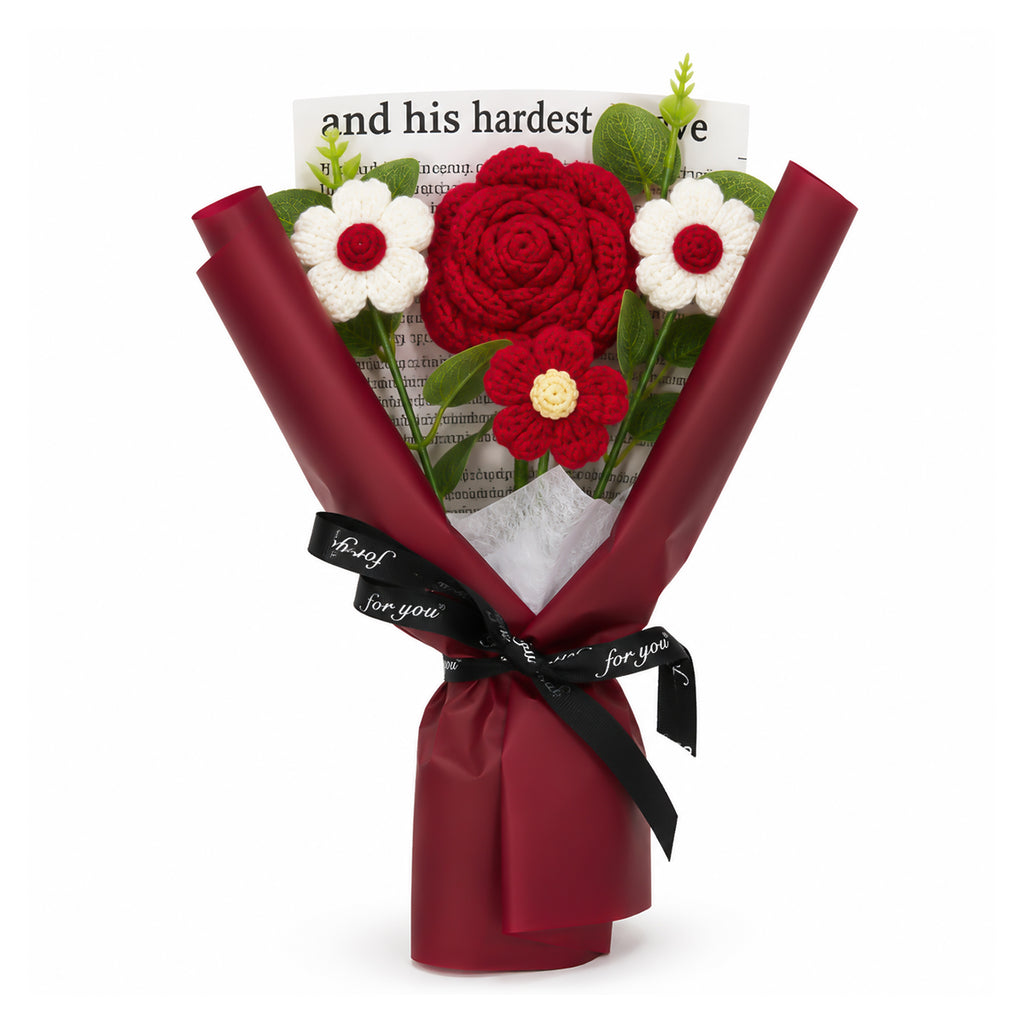 Roselle & Co Handmade Crochet Rose Bouquet with Daisy Flowers – Premium Knitted Artificial Flower Gift for Valentine, Anniversary & Birthday