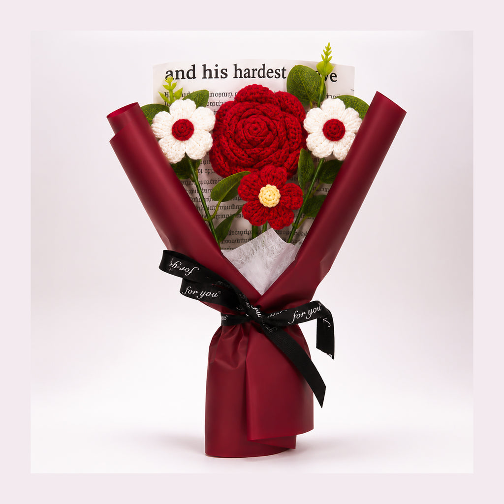 Roselle & Co Handmade Crochet Rose Bouquet with Daisy Flowers – Premium Knitted Artificial Flower Gift for Valentine, Anniversary & Birthday