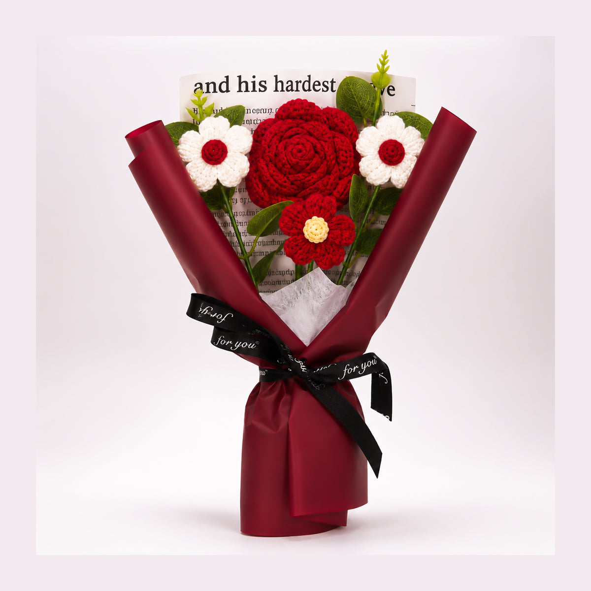 Roselle & Co Handmade Crochet Rose Bouquet with Daisy Flowers – Premium Knitted Artificial Flower Gift for Valentine, Anniversary & Birthday