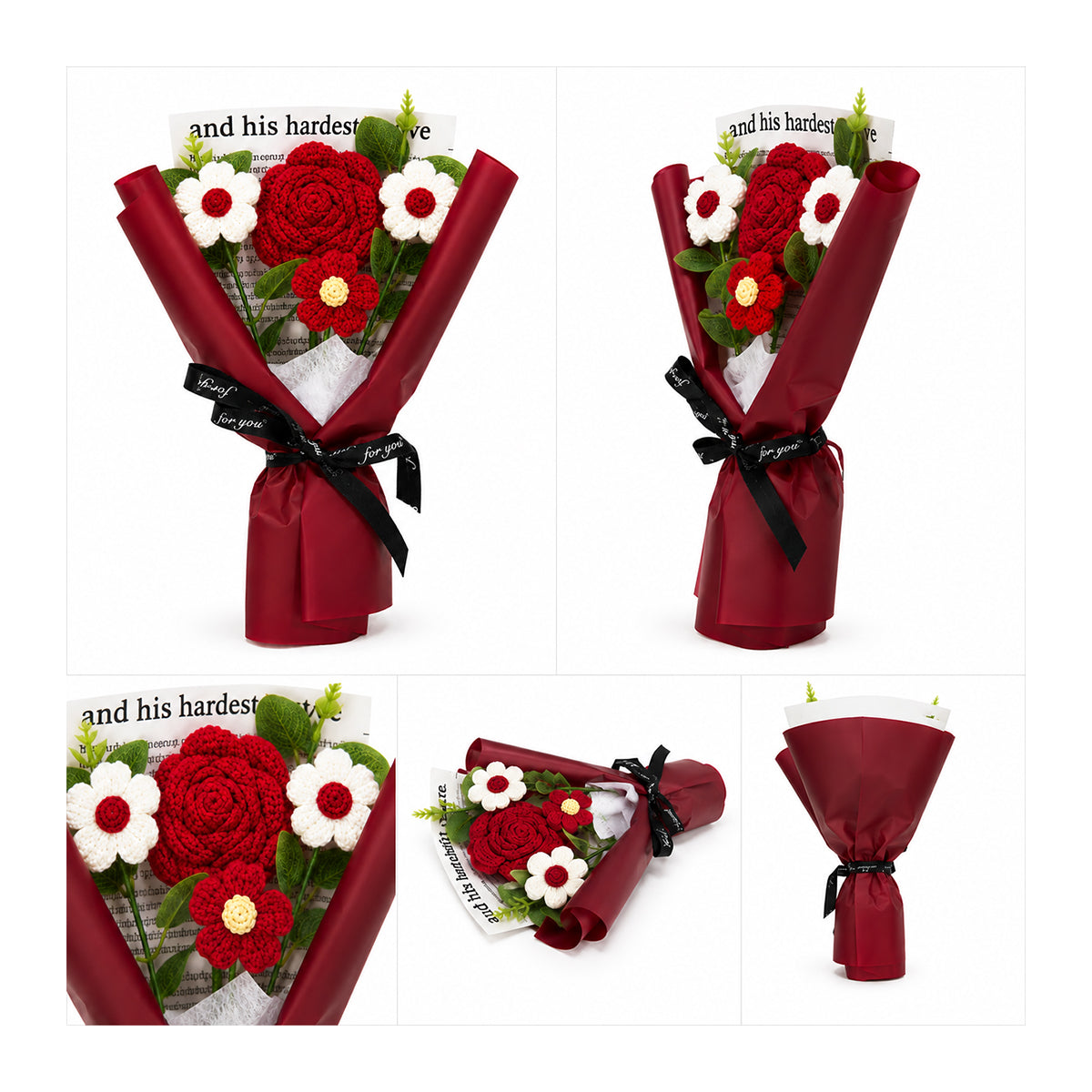 Roselle & Co Handmade Crochet Rose Bouquet with Daisy Flowers – Premium Knitted Artificial Flower Gift for Valentine, Anniversary & Birthday