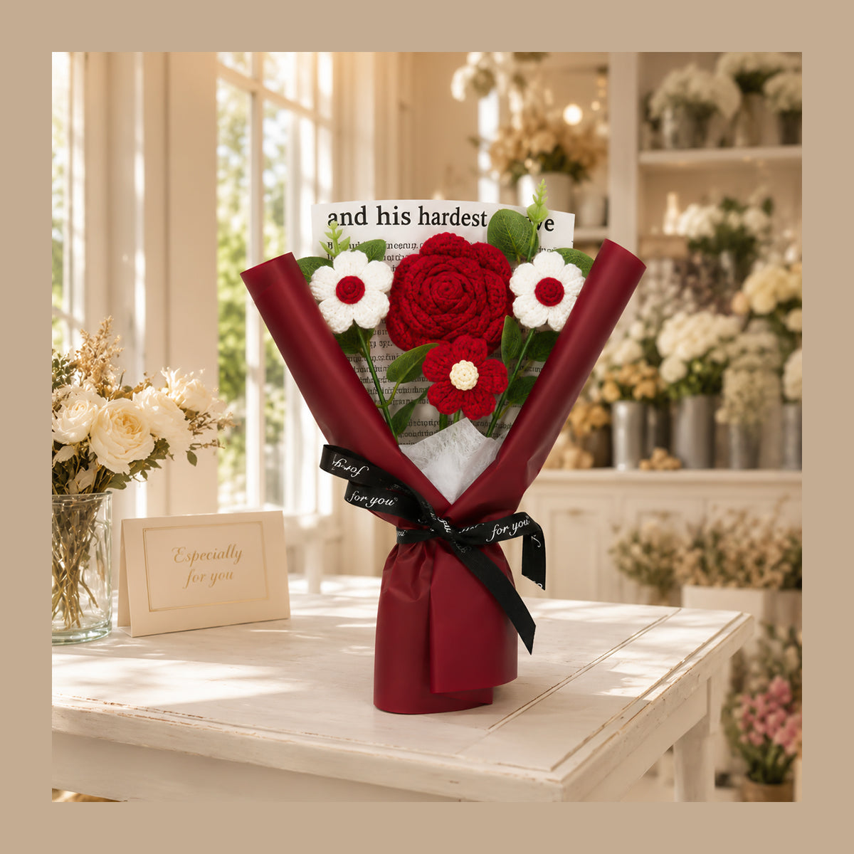 Roselle & Co Handmade Crochet Rose Bouquet with Daisy Flowers – Premium Knitted Artificial Flower Gift for Valentine, Anniversary & Birthday