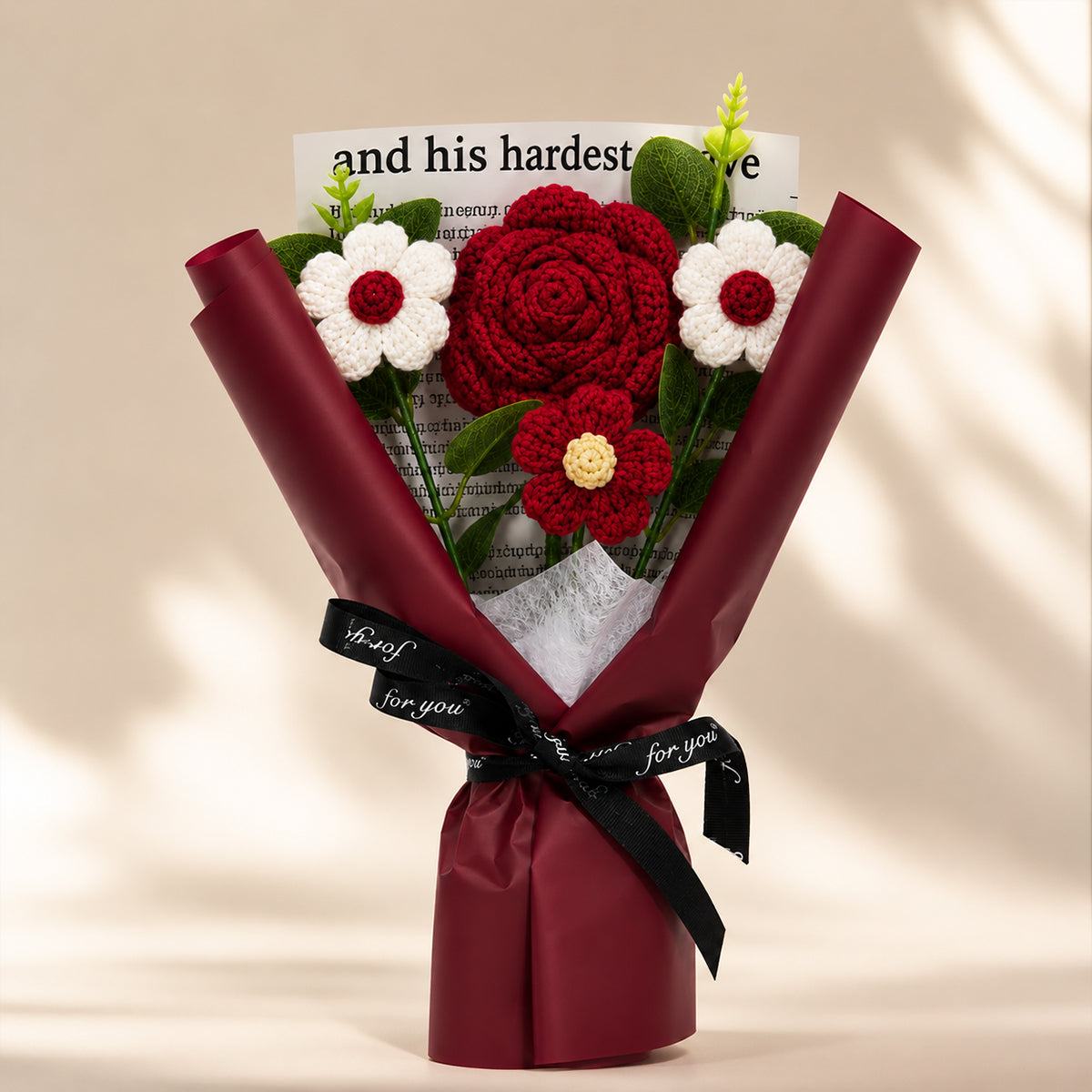 Roselle & Co Handmade Crochet Rose Bouquet with Daisy Flowers – Premium Knitted Artificial Flower Gift for Valentine, Anniversary & Birthday
