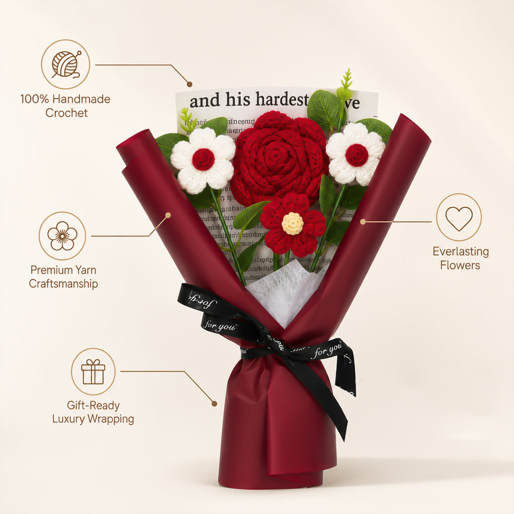 Roselle & Co Handmade Crochet Rose Bouquet with Daisy Flowers – Premium Knitted Artificial Flower Gift for Valentine, Anniversary & Birthday