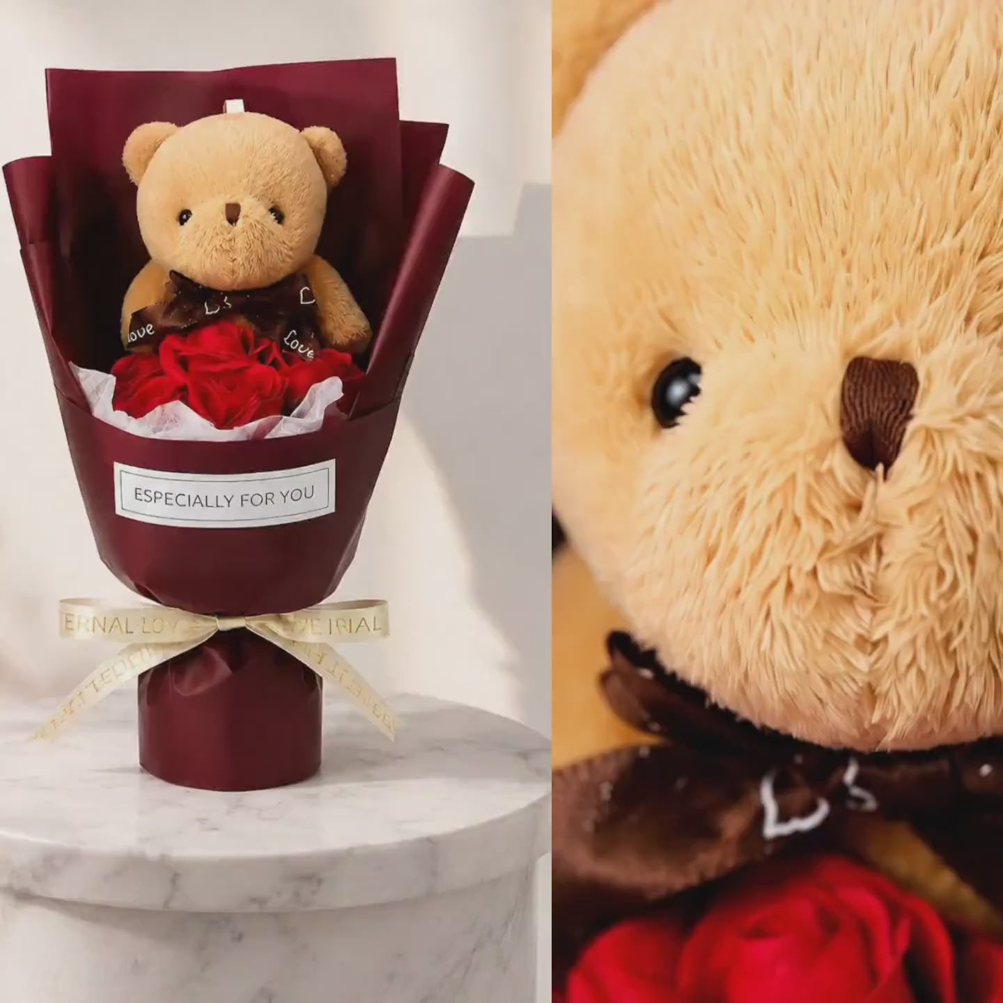 Roselle & Co Teddy Bear & Artificial Red Rose Bouquet – Romantic Gift for Valentine's Day, Anniversary, Birthday & Special Occasions