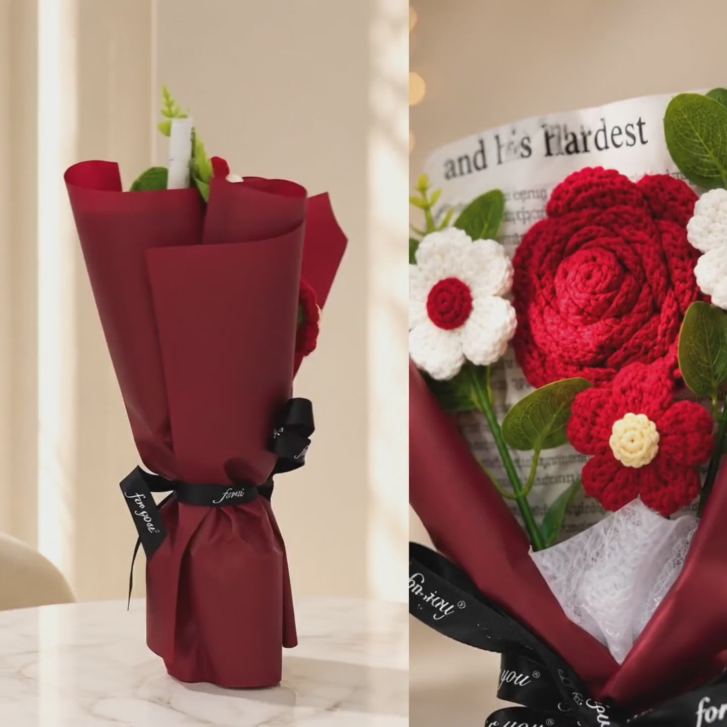 Roselle & Co Handmade Crochet Rose Bouquet with Daisy Flowers – Premium Knitted Artificial Flower Gift for Valentine, Anniversary & Birthday